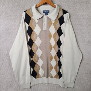 Vintage Peletti Sweater Mens 2XL Beige Argyle Polo Neck Merino Wool Blend 90s